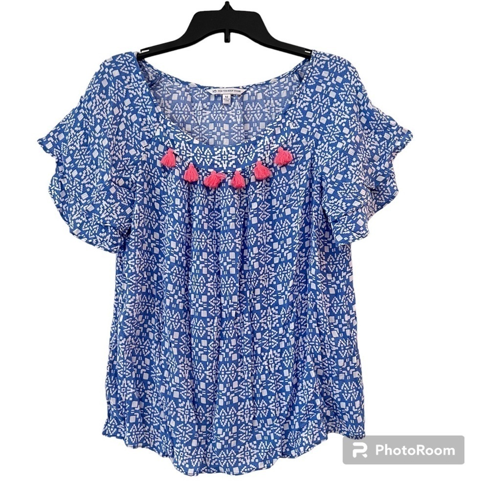Southern Tide Charting Blue Abstract Delilah Flutter-Sleeve Top Size Medium